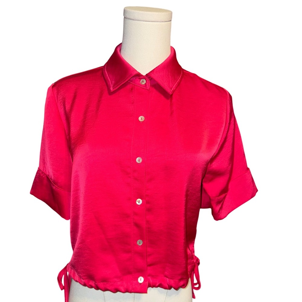 House of Harlow 1960 Pink Satin Cropped Shirt Tie‎ Waist Dolman Sleeve sz XS NEW